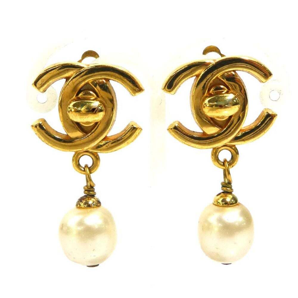 CHANEL Authentic White Pearl Logo Earrings